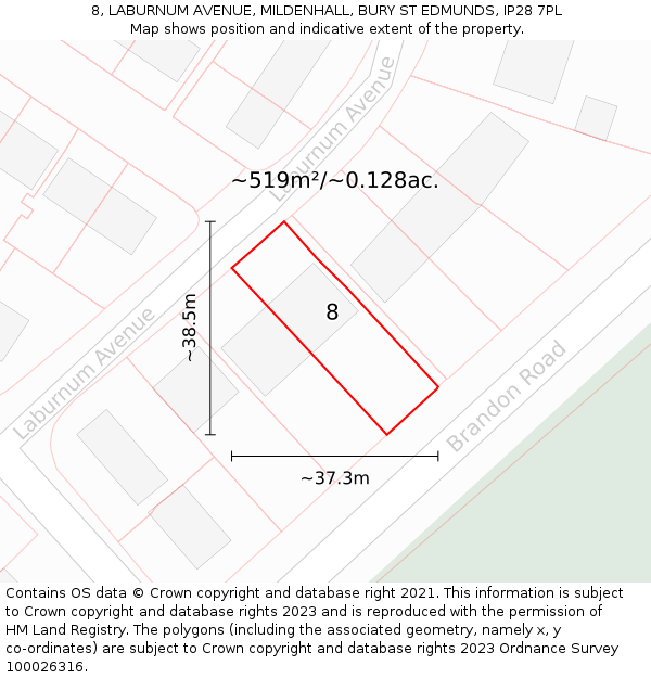 8, LABURNUM AVENUE, MILDENHALL, BURY ST EDMUNDS, IP28 7PL: Plot and title map