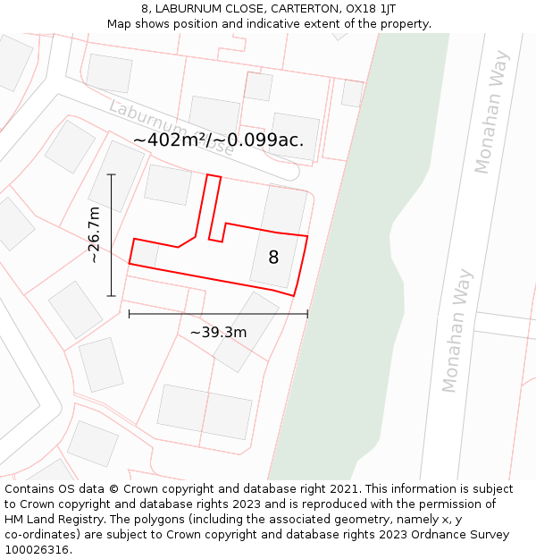 8, LABURNUM CLOSE, CARTERTON, OX18 1JT: Plot and title map