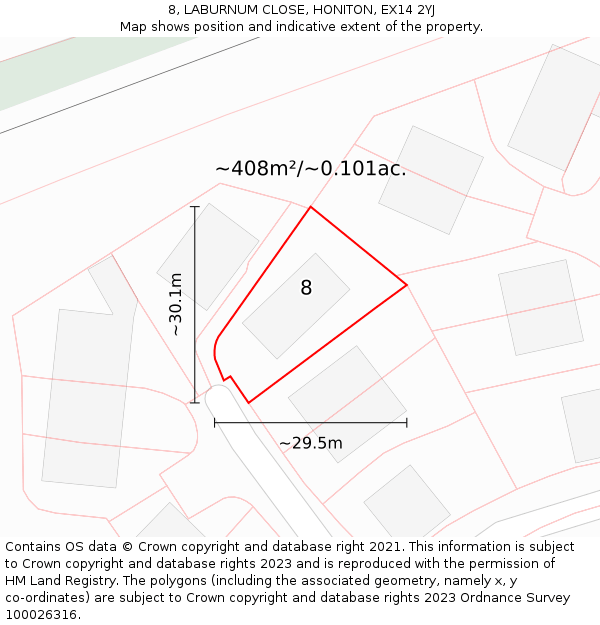 8, LABURNUM CLOSE, HONITON, EX14 2YJ: Plot and title map