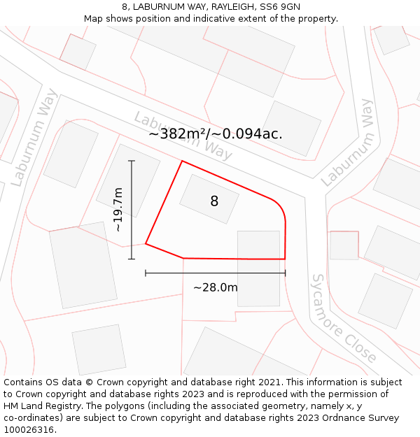8, LABURNUM WAY, RAYLEIGH, SS6 9GN: Plot and title map