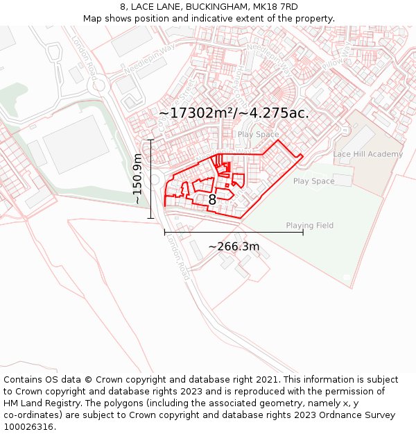 8, LACE LANE, BUCKINGHAM, MK18 7RD: Plot and title map