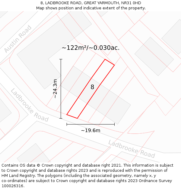 8, LADBROOKE ROAD, GREAT YARMOUTH, NR31 0HD: Plot and title map