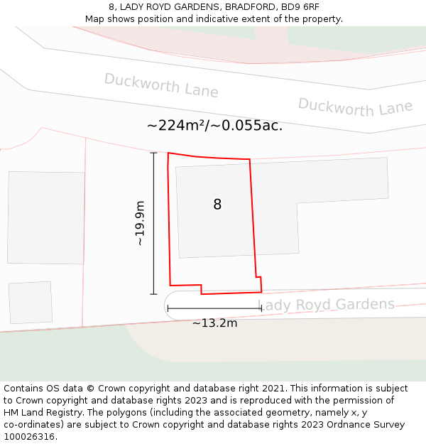 8, LADY ROYD GARDENS, BRADFORD, BD9 6RF: Plot and title map
