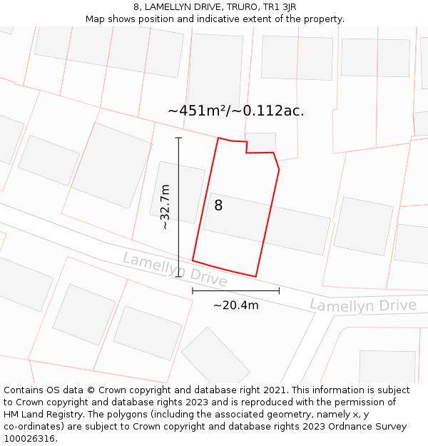 8, LAMELLYN DRIVE, TRURO, TR1 3JR: Plot and title map