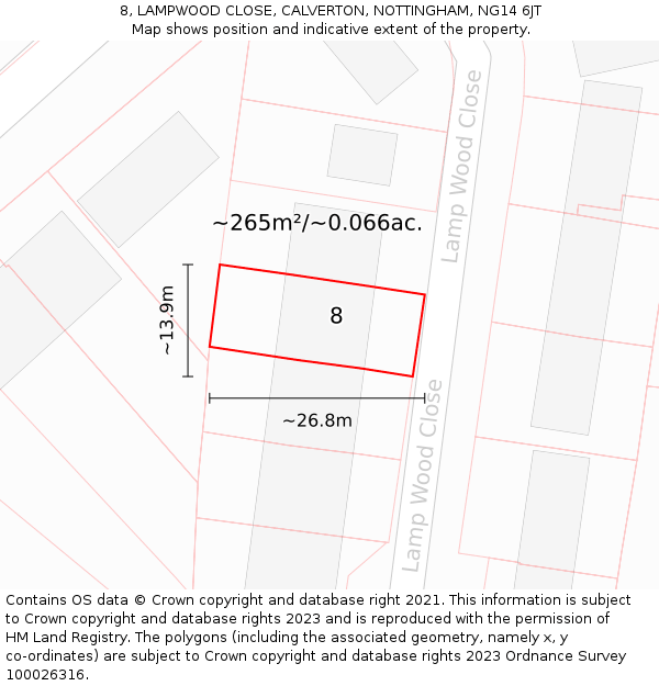 8, LAMPWOOD CLOSE, CALVERTON, NOTTINGHAM, NG14 6JT: Plot and title map