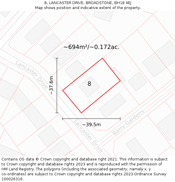 8, LANCASTER DRIVE, BROADSTONE, BH18 9EJ: Plot and title map