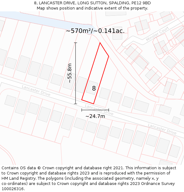 8, LANCASTER DRIVE, LONG SUTTON, SPALDING, PE12 9BD: Plot and title map