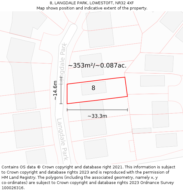 8, LANGDALE PARK, LOWESTOFT, NR32 4XF: Plot and title map