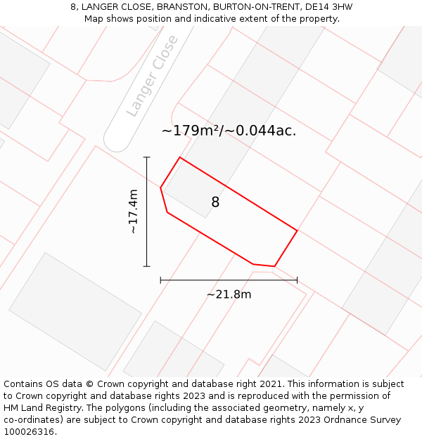 8, LANGER CLOSE, BRANSTON, BURTON-ON-TRENT, DE14 3HW: Plot and title map