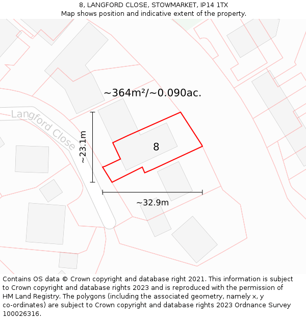 8, LANGFORD CLOSE, STOWMARKET, IP14 1TX: Plot and title map