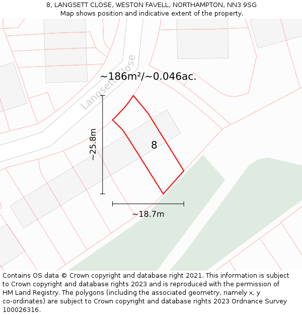 8, LANGSETT CLOSE, WESTON FAVELL, NORTHAMPTON, NN3 9SG: Plot and title map