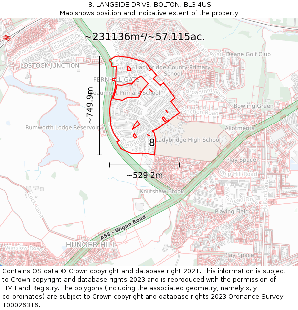 8, LANGSIDE DRIVE, BOLTON, BL3 4US: Plot and title map