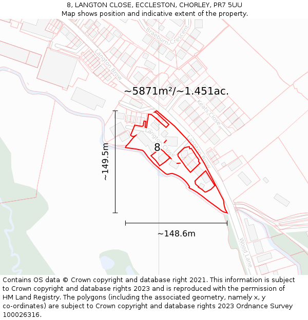 8, LANGTON CLOSE, ECCLESTON, CHORLEY, PR7 5UU: Plot and title map