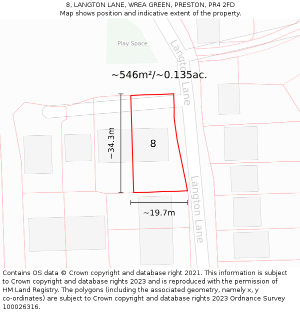 8, LANGTON LANE, WREA GREEN, PRESTON, PR4 2FD: Plot and title map