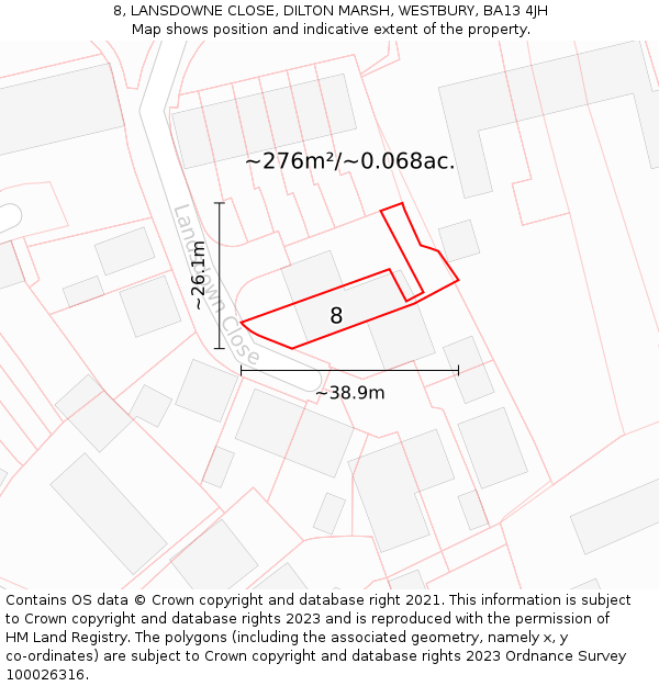 8, LANSDOWNE CLOSE, DILTON MARSH, WESTBURY, BA13 4JH: Plot and title map