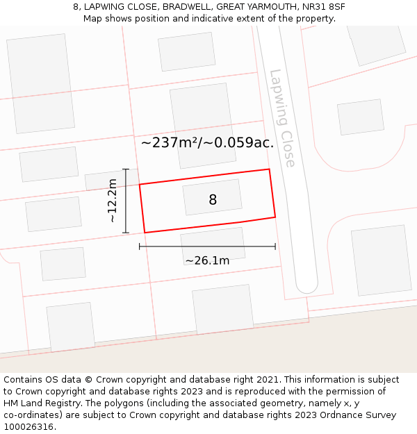 8, LAPWING CLOSE, BRADWELL, GREAT YARMOUTH, NR31 8SF: Plot and title map