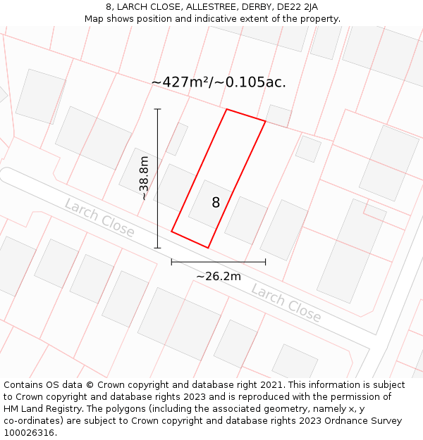 8, LARCH CLOSE, ALLESTREE, DERBY, DE22 2JA: Plot and title map