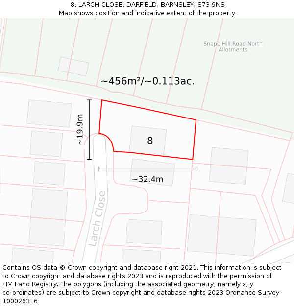 8, LARCH CLOSE, DARFIELD, BARNSLEY, S73 9NS: Plot and title map