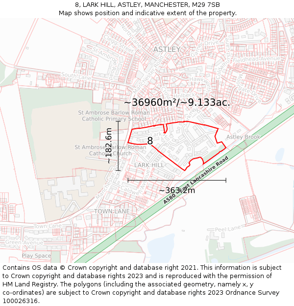 8, LARK HILL, ASTLEY, MANCHESTER, M29 7SB: Plot and title map