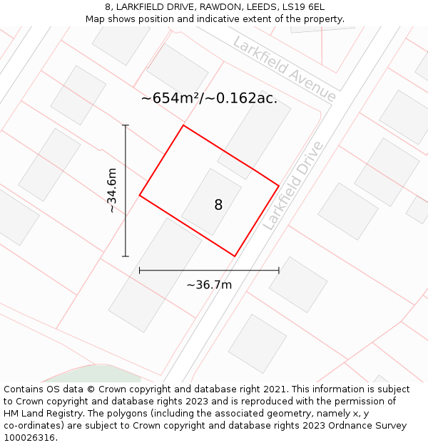 8, LARKFIELD DRIVE, RAWDON, LEEDS, LS19 6EL: Plot and title map