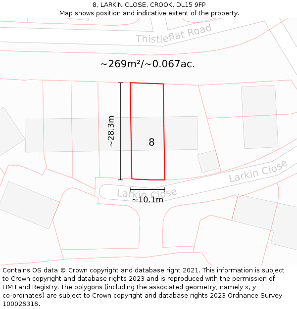8, LARKIN CLOSE, CROOK, DL15 9FP: Plot and title map