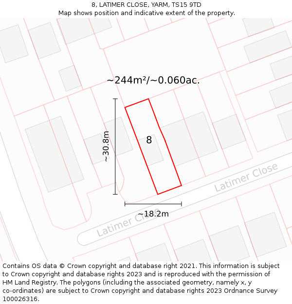 8, LATIMER CLOSE, YARM, TS15 9TD: Plot and title map