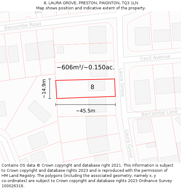 8, LAURA GROVE, PRESTON, PAIGNTON, TQ3 1LN: Plot and title map