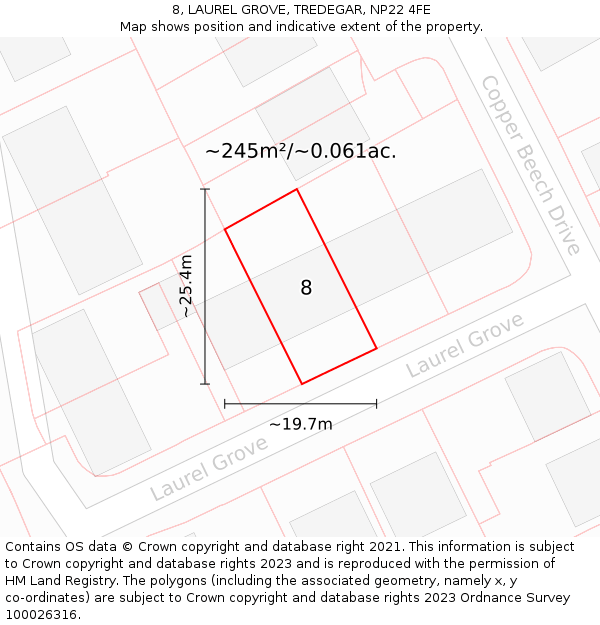8, LAUREL GROVE, TREDEGAR, NP22 4FE: Plot and title map