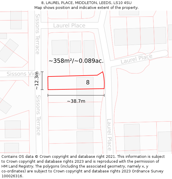 8, LAUREL PLACE, MIDDLETON, LEEDS, LS10 4SU: Plot and title map