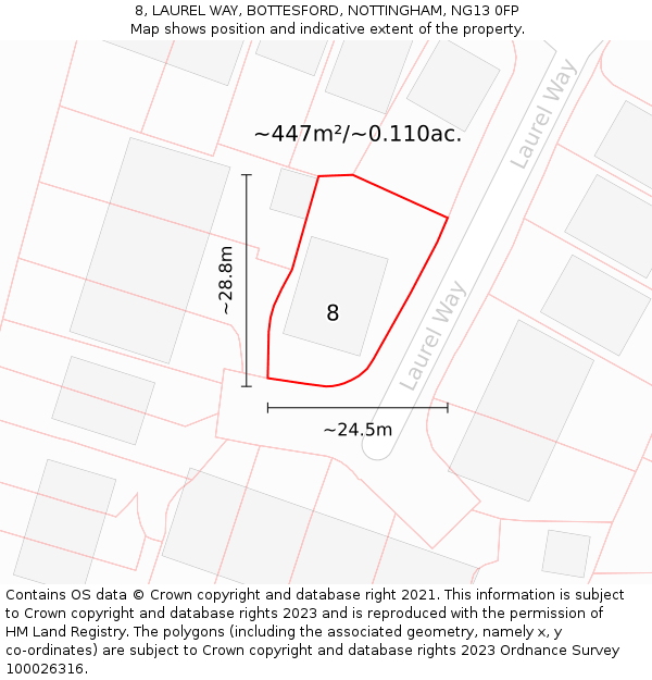 8, LAUREL WAY, BOTTESFORD, NOTTINGHAM, NG13 0FP: Plot and title map