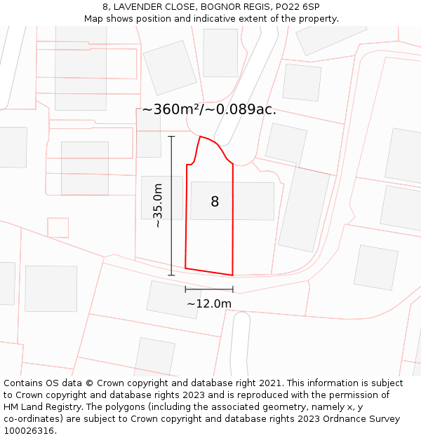 8, LAVENDER CLOSE, BOGNOR REGIS, PO22 6SP: Plot and title map