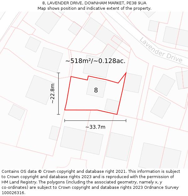 8, LAVENDER DRIVE, DOWNHAM MARKET, PE38 9UA: Plot and title map