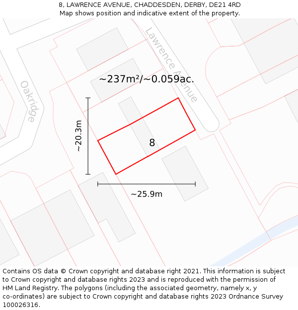 8, LAWRENCE AVENUE, CHADDESDEN, DERBY, DE21 4RD: Plot and title map