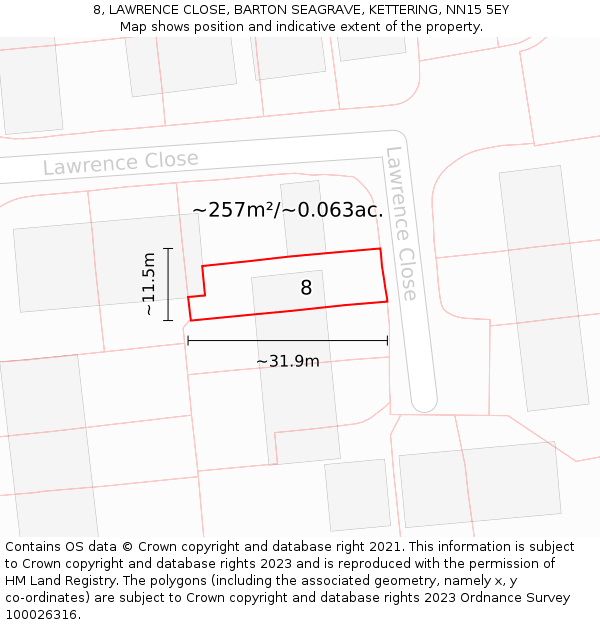 8, LAWRENCE CLOSE, BARTON SEAGRAVE, KETTERING, NN15 5EY: Plot and title map