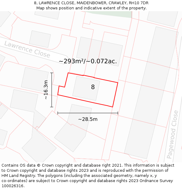 8, LAWRENCE CLOSE, MAIDENBOWER, CRAWLEY, RH10 7DR: Plot and title map