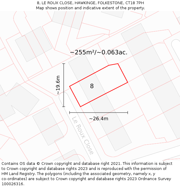 8, LE ROUX CLOSE, HAWKINGE, FOLKESTONE, CT18 7PH: Plot and title map