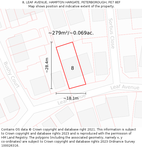 8, LEAF AVENUE, HAMPTON HARGATE, PETERBOROUGH, PE7 8EF: Plot and title map