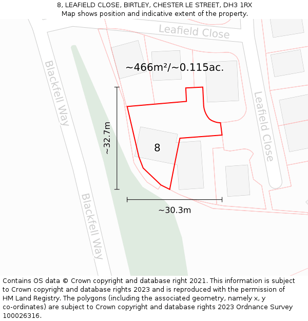 8, LEAFIELD CLOSE, BIRTLEY, CHESTER LE STREET, DH3 1RX: Plot and title map