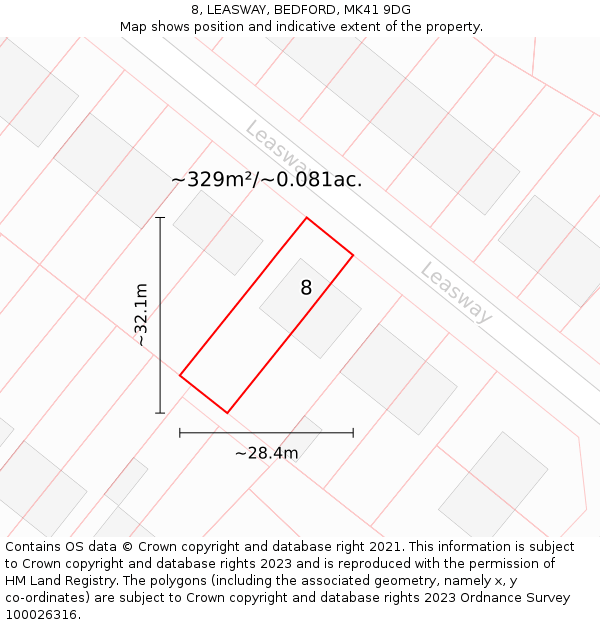 8, LEASWAY, BEDFORD, MK41 9DG: Plot and title map