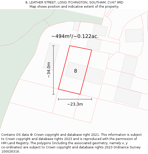 8, LEATHER STREET, LONG ITCHINGTON, SOUTHAM, CV47 9RD: Plot and title map
