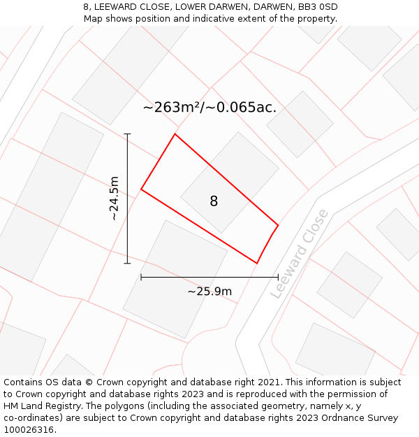8, LEEWARD CLOSE, LOWER DARWEN, DARWEN, BB3 0SD: Plot and title map