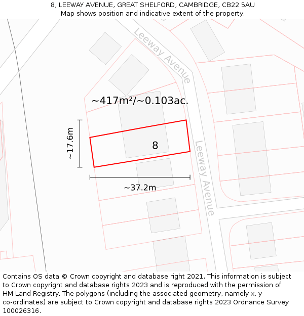 8, LEEWAY AVENUE, GREAT SHELFORD, CAMBRIDGE, CB22 5AU: Plot and title map