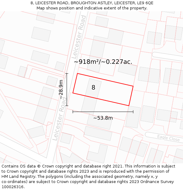 8, LEICESTER ROAD, BROUGHTON ASTLEY, LEICESTER, LE9 6QE: Plot and title map