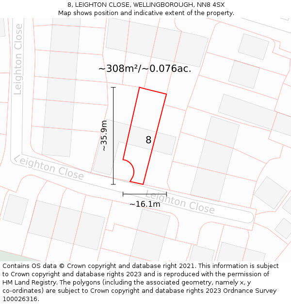 8, LEIGHTON CLOSE, WELLINGBOROUGH, NN8 4SX: Plot and title map
