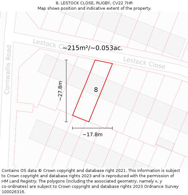 8, LESTOCK CLOSE, RUGBY, CV22 7HR: Plot and title map