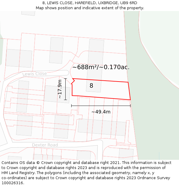 8, LEWIS CLOSE, HAREFIELD, UXBRIDGE, UB9 6RD: Plot and title map