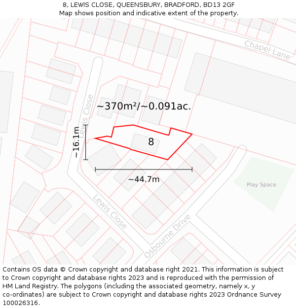 8, LEWIS CLOSE, QUEENSBURY, BRADFORD, BD13 2GF: Plot and title map