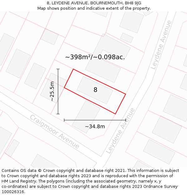8, LEYDENE AVENUE, BOURNEMOUTH, BH8 9JG: Plot and title map