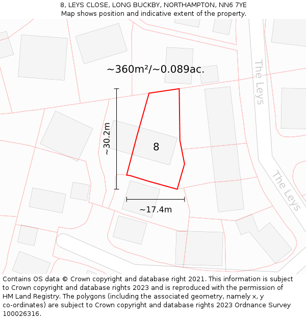 8, LEYS CLOSE, LONG BUCKBY, NORTHAMPTON, NN6 7YE: Plot and title map