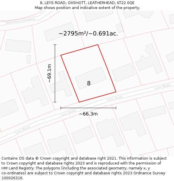 8, LEYS ROAD, OXSHOTT, LEATHERHEAD, KT22 0QE: Plot and title map